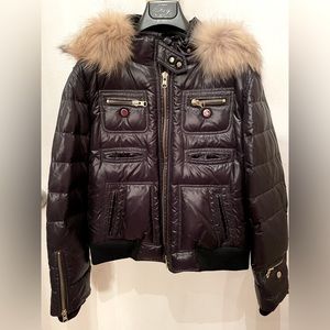 FAY Short Down Bomber Jacket Fur Trimmed Hood Black - Size Large - NWOT